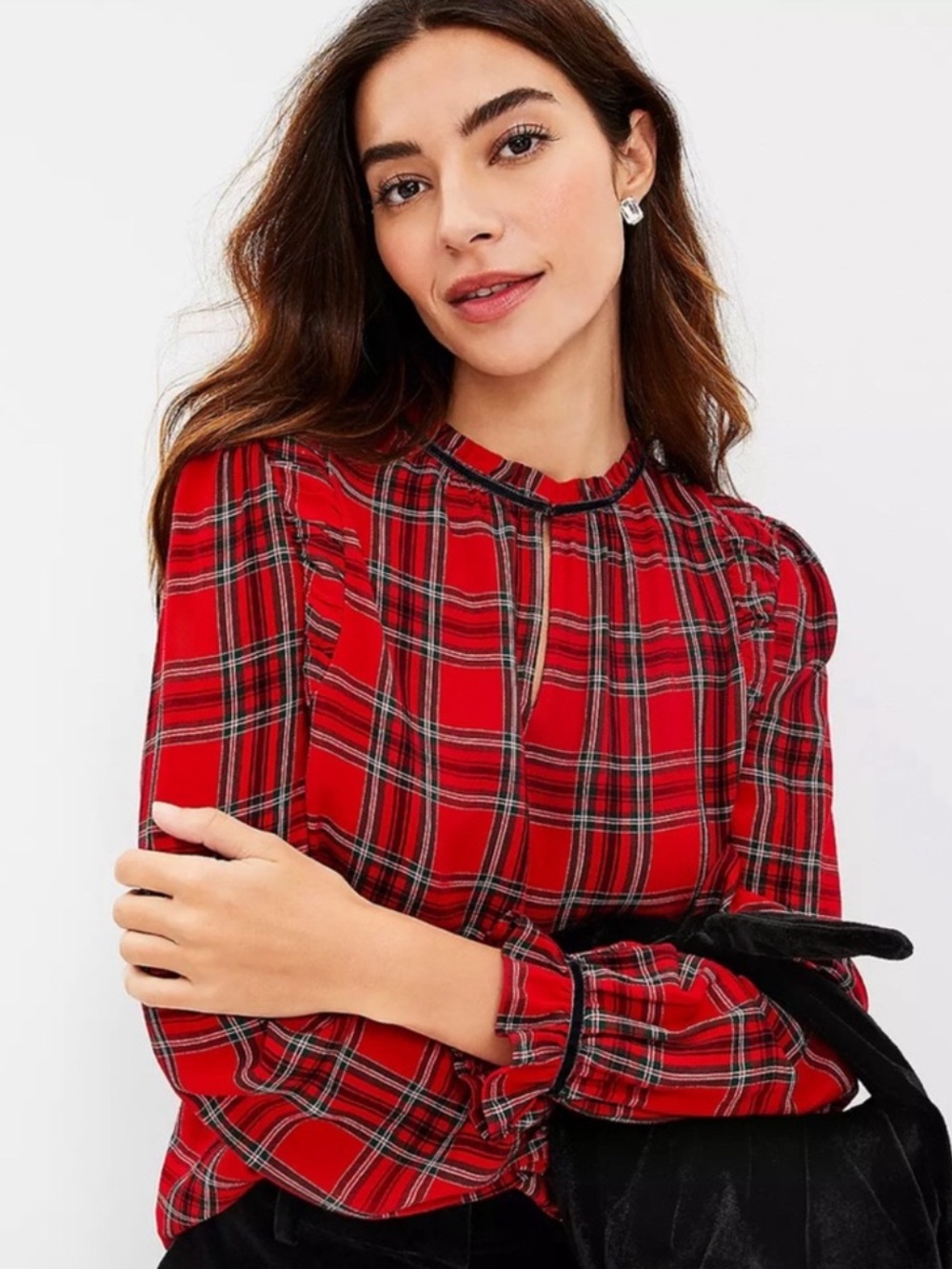 NWT Ann Taylor Loft Plaid Ruffle Neck Blouse